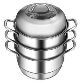 Kitchen Supplise Glass Lid Multi Tiers Kitchen Pan Cookware Stainless Steel Steamer Set (Color: silver)